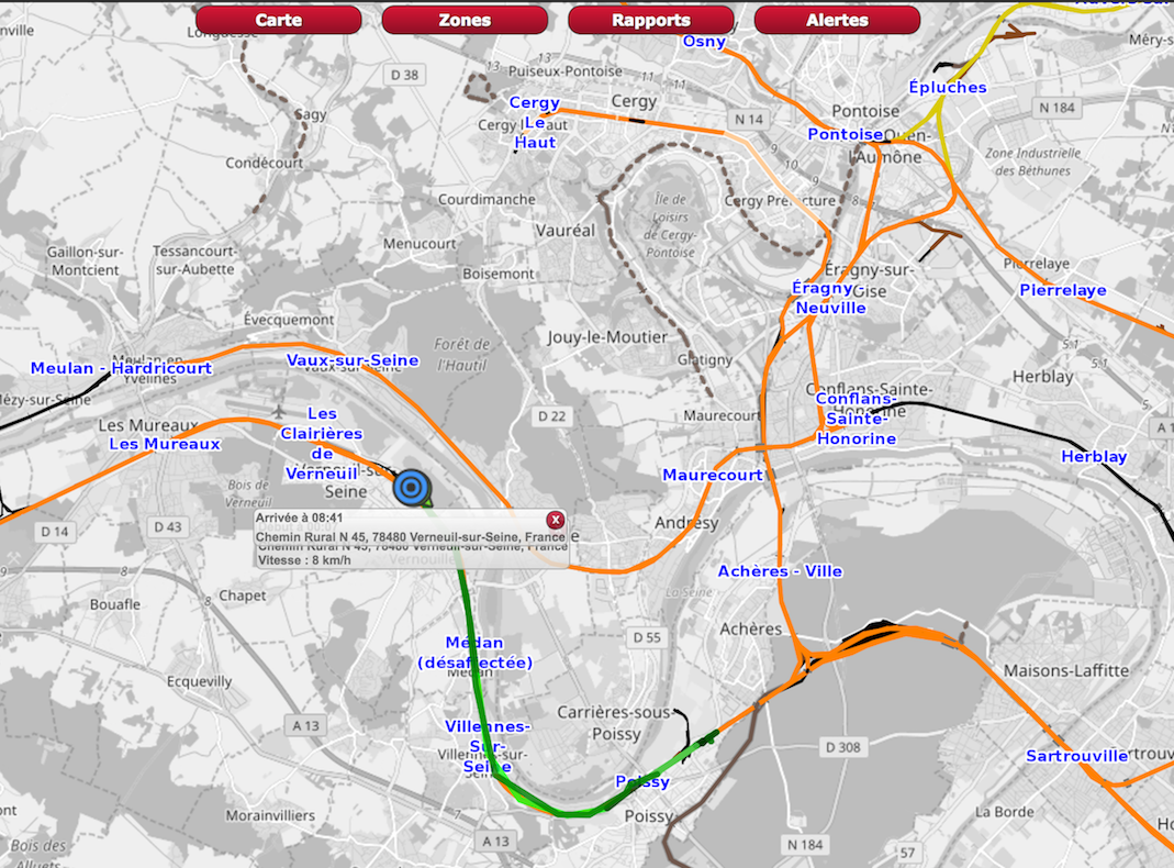 Parcours d'un wagon équipé d'un traceur GPS Solustop sur la plateforme SoluWeb